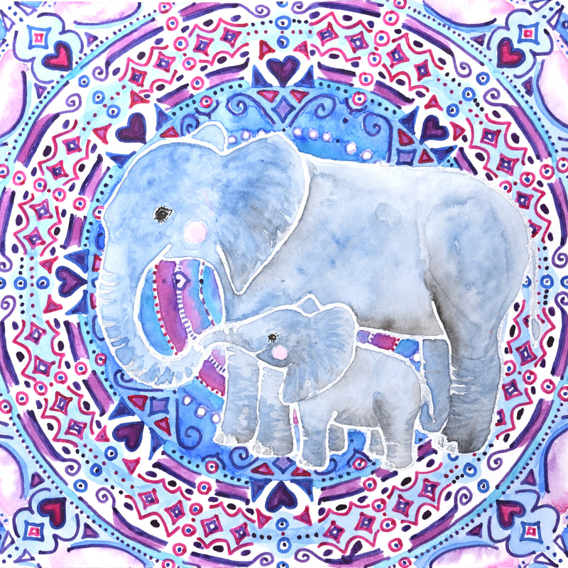 mother and baby hand-drawn mother and baby elephant pen and ink and watercolor mandala
