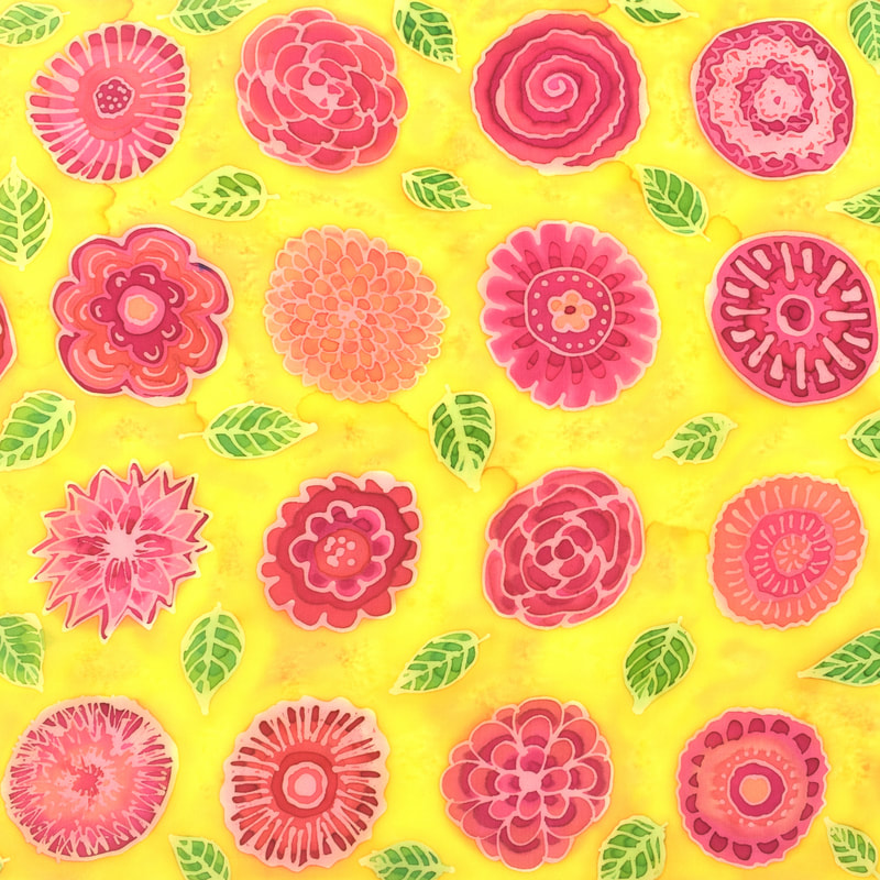 hand painted silk scarf with pink flowers on yellow, including daisy, rose, dahlia, peony
